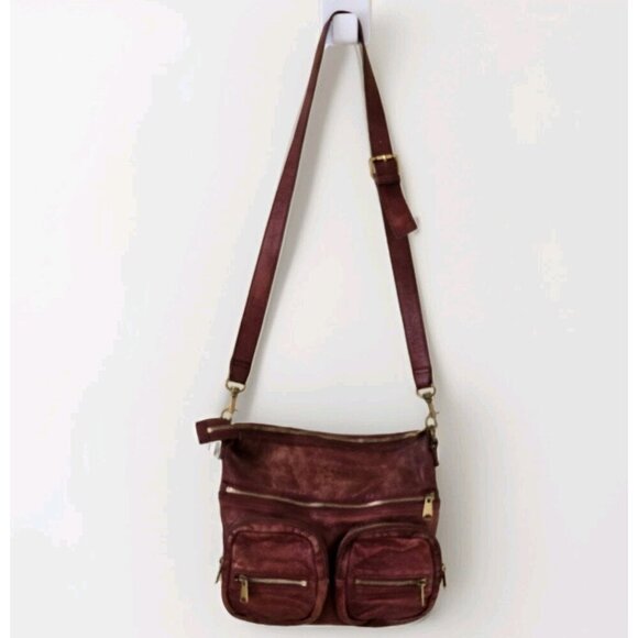 Liebeskind Crossbody Bag Anny Fire Red Aged Leather Zip Flannel Plaid Lined Boho - Picture 1 of 16